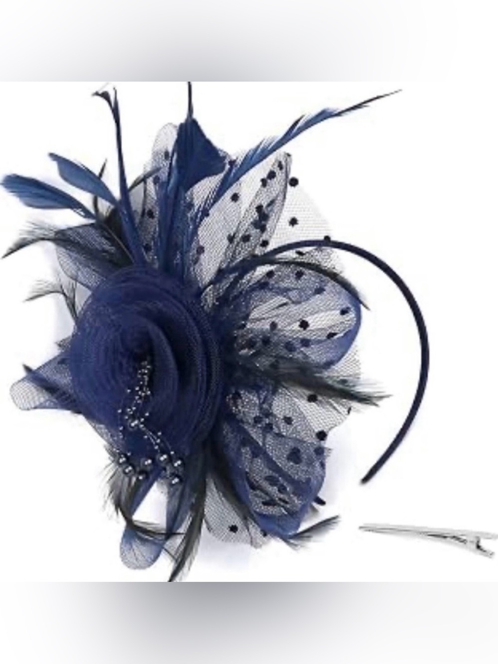 Haojing Navy Blue Fascinator Hat Feather Mesh Headband & Hair Clip Tea Party - Picture 2 of 3